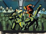 une peinture représentant un groupe de soldats sur un mur
