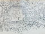 drawing of a drawing of a stage with a chandelier in the background