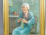 painting of an old woman sitting in a chair with a crochet