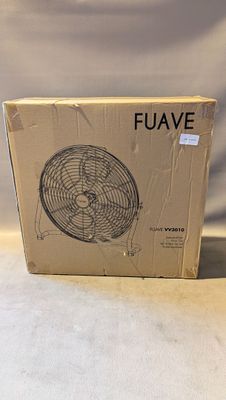 boxed box of a fan sitting on a table with a white background