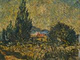 une peinture d'un paysage avec des arbres et une maison au loin