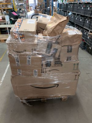 a cart full of boxes sitting in a warehouse