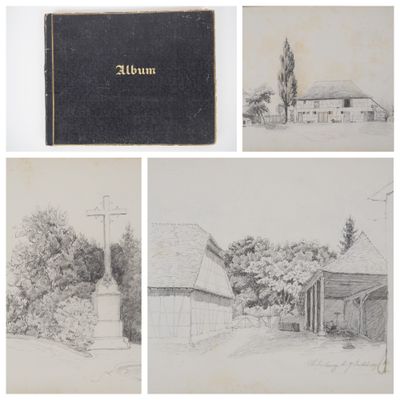 quatre dessins représentant une maison, une grange, une église et une église
