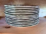 a stack of plates sitting on a shelf in a room