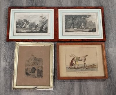 trois gravures encadrées représentant des chevaux et un homme avec un cheval
