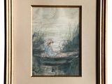 painting of a woman sitting in a boat on the water