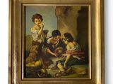 painting of a boy and a girl playing with a dog and a cat