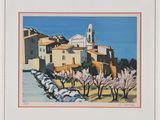 an image of a painting of a village with trees in the foreground