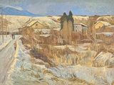 painting of a snow covered road with houses and a person walking on it