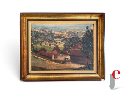 une peinture à l'huile représentant une scène de vie à la ferme avec une vue sur une ville