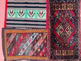 two rugs with different colors and patterns on a pink background