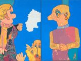 two paintings of a man and a woman on a wall
