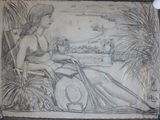 a drawing of a woman sitting in a chair with a hat on
