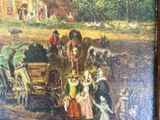 painting of a horse drawn carriage with people and horses in front of a house
