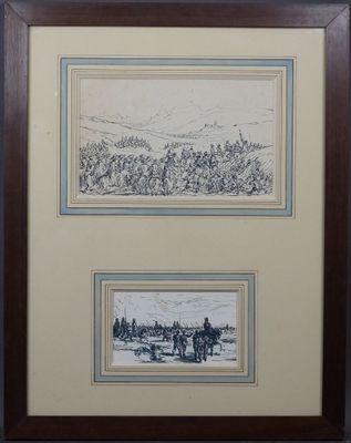 deux photos encadrées représentant des chevaux et des cavaliers dans un champ, avec des montagnes en arrière-plan