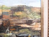 a painting of a boat on the water by a building