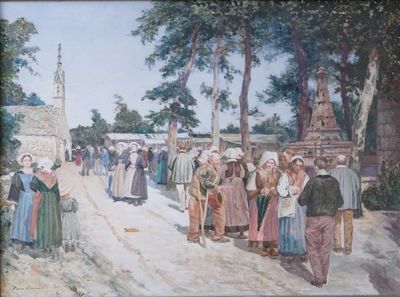 une peinture représentant un groupe de personnes marchant dans une rue
