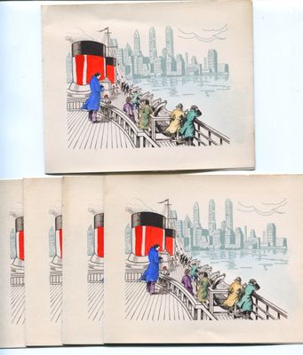 quatre cartes postales représentant des personnes sur un bateau, avec la silhouette d'une ville en arrière-plan