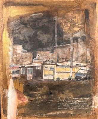 an image of a painting of a woman standing in front of a building