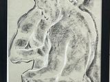 dessin représentant un homme assis sur un tabouret, dans un cadre noir
