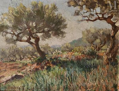 painting of a landscape with trees and a dirt road in the foreground