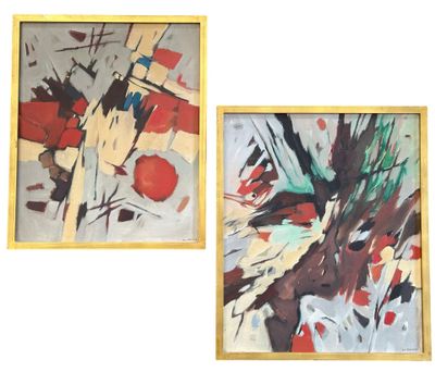 Deux tableaux, de couleurs et de formes différentes, sont accrochés au mur.