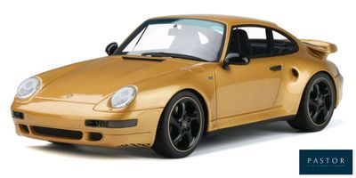 yellow porsche 993 turbo with black rims on a white background
