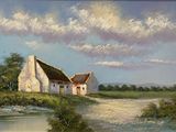 a painting of a house by the water with a thatched roof