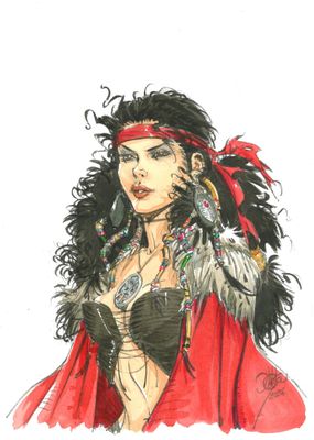 dessin représentant une femme vêtue d'un costume orné de plumes et portant des plumes sur la tête