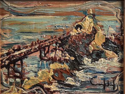 a painting of a man riding a horse over a bridge