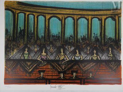 une image d'un tableau représentant un groupe de personnes assises sur un banc