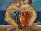 painting of two nudes hugging on a beach with a blue sky in the background
