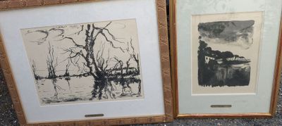 deux reproductions encadrées représentant des arbres et un lac, dans un cadre en bois