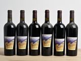 six bouteilles de vin sont alignées sur une table en bois