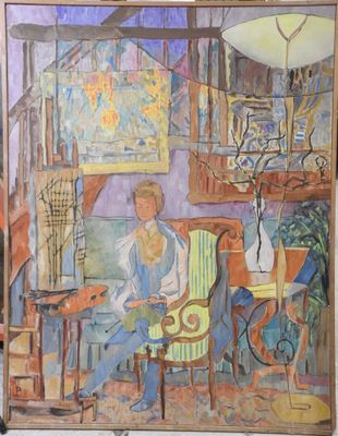 un tableau représentant une femme assise sur une chaise dans une pièce