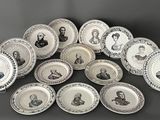 several plates with black and white images of people on them