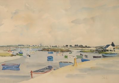 une aquarelle représentant des bateaux sur l'eau
