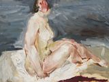 an oil painting of a woman sitting on a bed with her legs crossed
