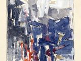 une aquarelle représentant un paysage urbain avec des bâtiments en arrière-plan