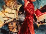 tableau représentant une femme en robe rouge debout à côté d'un cheval