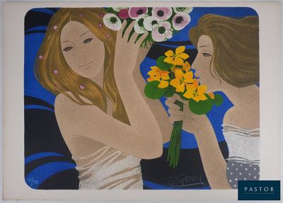a painting of two women with flowers in their hands
