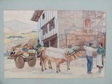a picture of a painting of a man and a cow pulling a cart