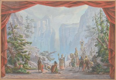 painting of a scene of a mountain scene with a man and a woman on horseback