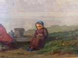 un tableau représentant une femme et un enfant assis sur un banc