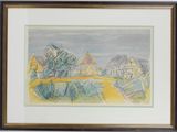 an image of a watercolor painting of a village by a river