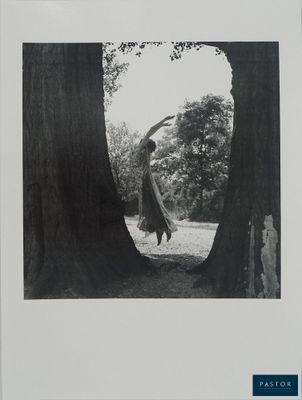 photographie en noir et blanc d'une femme debout devant un arbre