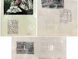 trois pages d'œuvres d'art exposées dans une vitrine