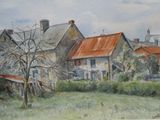 un tableau représentant une scène de vie à la ferme, avec une grange en arrière-plan