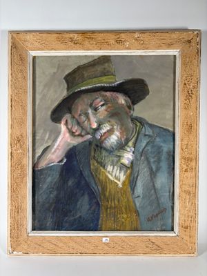 tableau représentant un homme coiffé d'un chapeau et vêtu d'une veste, adossé à un mur