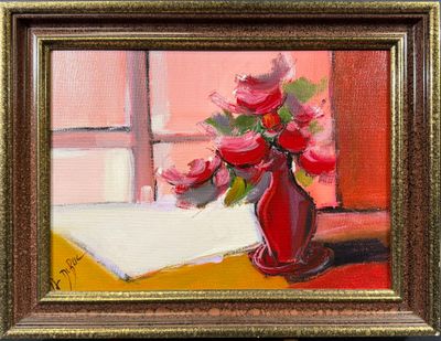 un tableau représentant un vase rouge contenant des fleurs roses